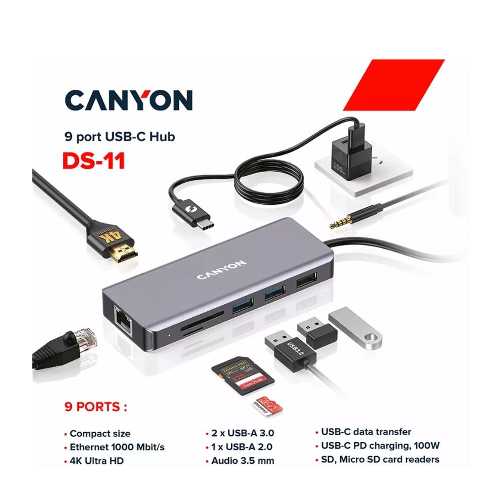 Canyon 9-Port USB-C Hub DS-11 – 4K HDMI, USB 3.0, PD, Ethernet, SD/TF, VGA, Audio – All-in-One Dock