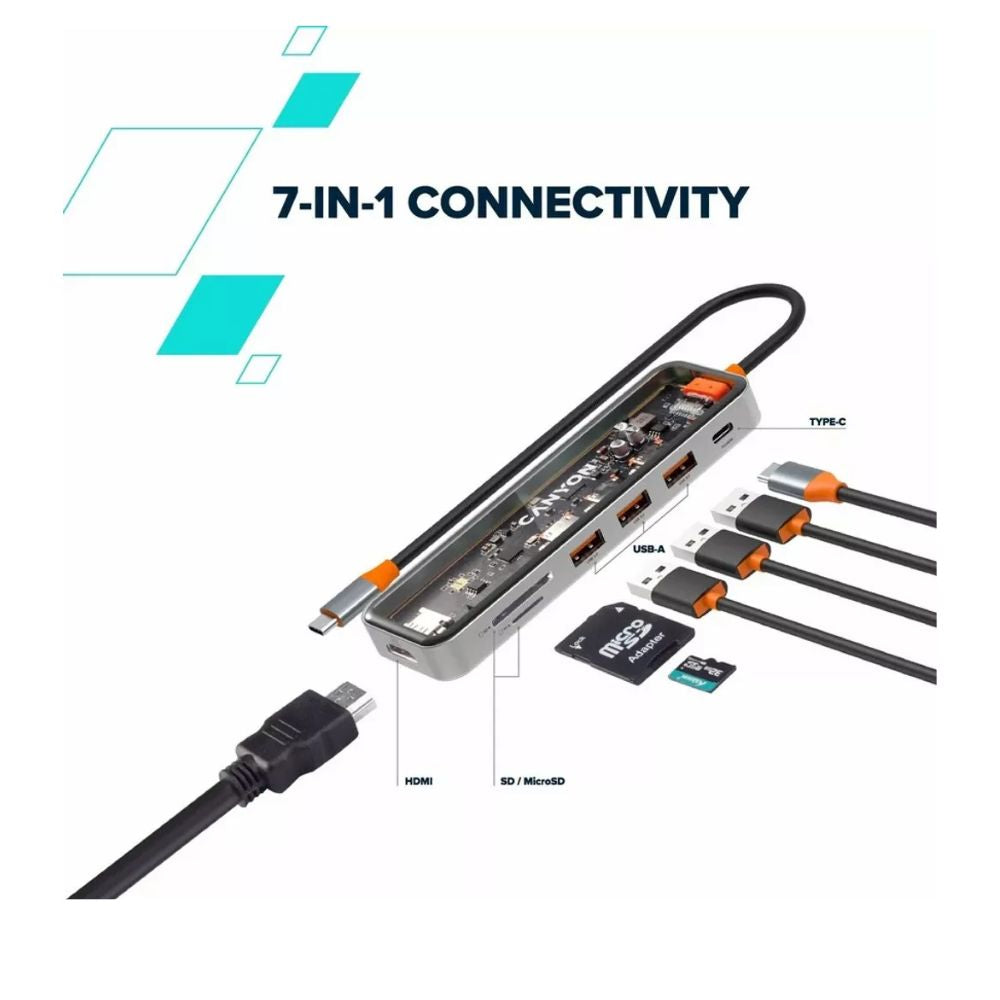 Canyon 7-Port USB-C Hub DS-13 – 4K HDMI, USB 3.0, SD/TF, PD 100W, Ethernet, Slim Aluminum Dock
