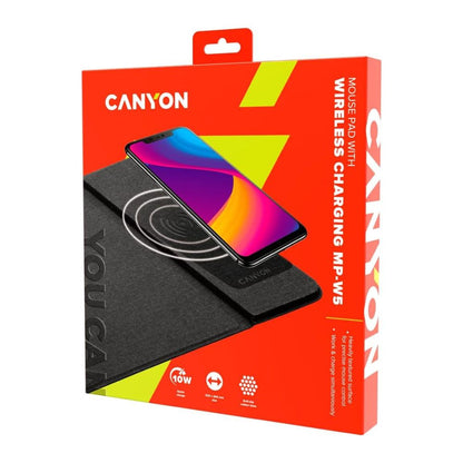 Canyon MP-W5 Mouse Pad with 10W Wireless Charging – Black, 324x244mm – Fast black pad wirelessly charging a smartphone