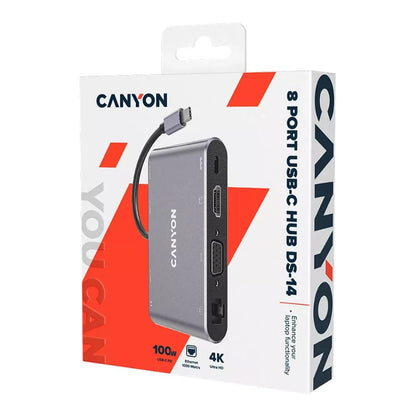 Canyon 8-Port USB-C Hub DS-14 – 4K HDMI, USB 3.0, PD 100W, Ethernet, SD/TF, Audio, Compact Docking Hub