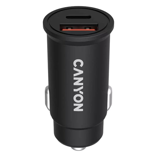 CANYON C-20B03 Car Charger – 30W USB-C PD   18W USB-A QC 3.0, Dual Port, Compact Size, DC 12–24V