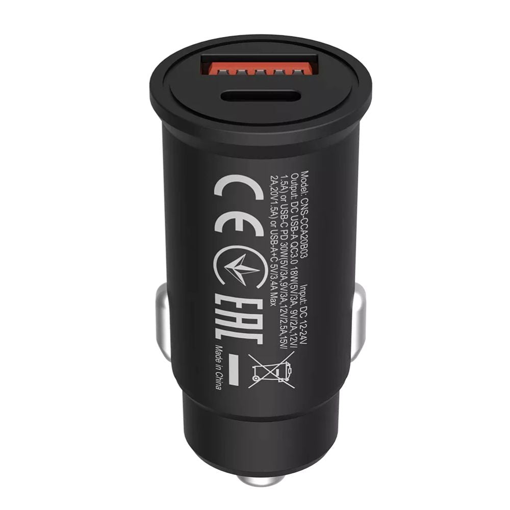 CANYON C-20B03 Car Charger – 30W USB-C PD  18W USB-A QC 3.0, Dual Port, Compact Size, DC 12–24V black