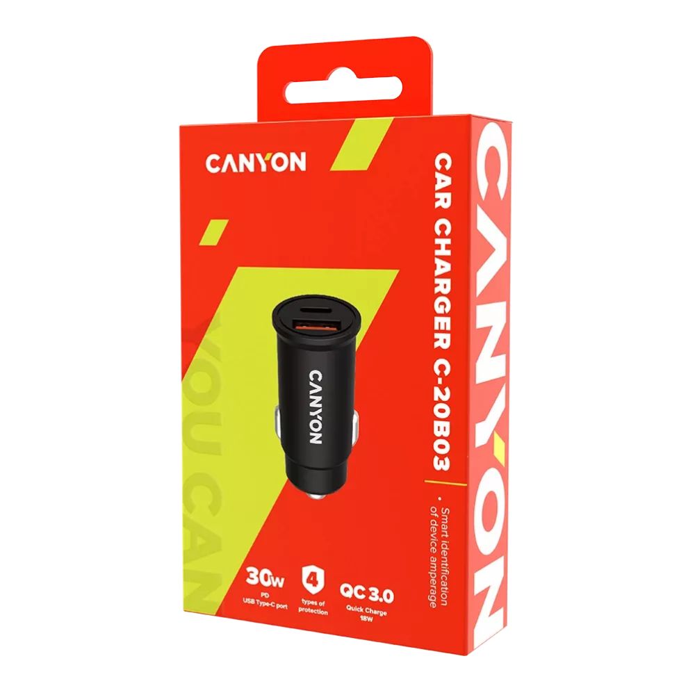 CANYON C-20B03 Car Charger – 30W USB-C PD   18W USB-A QC 3.0, Dual Port, Compact Size, DC 12–24V in Canyon retail box