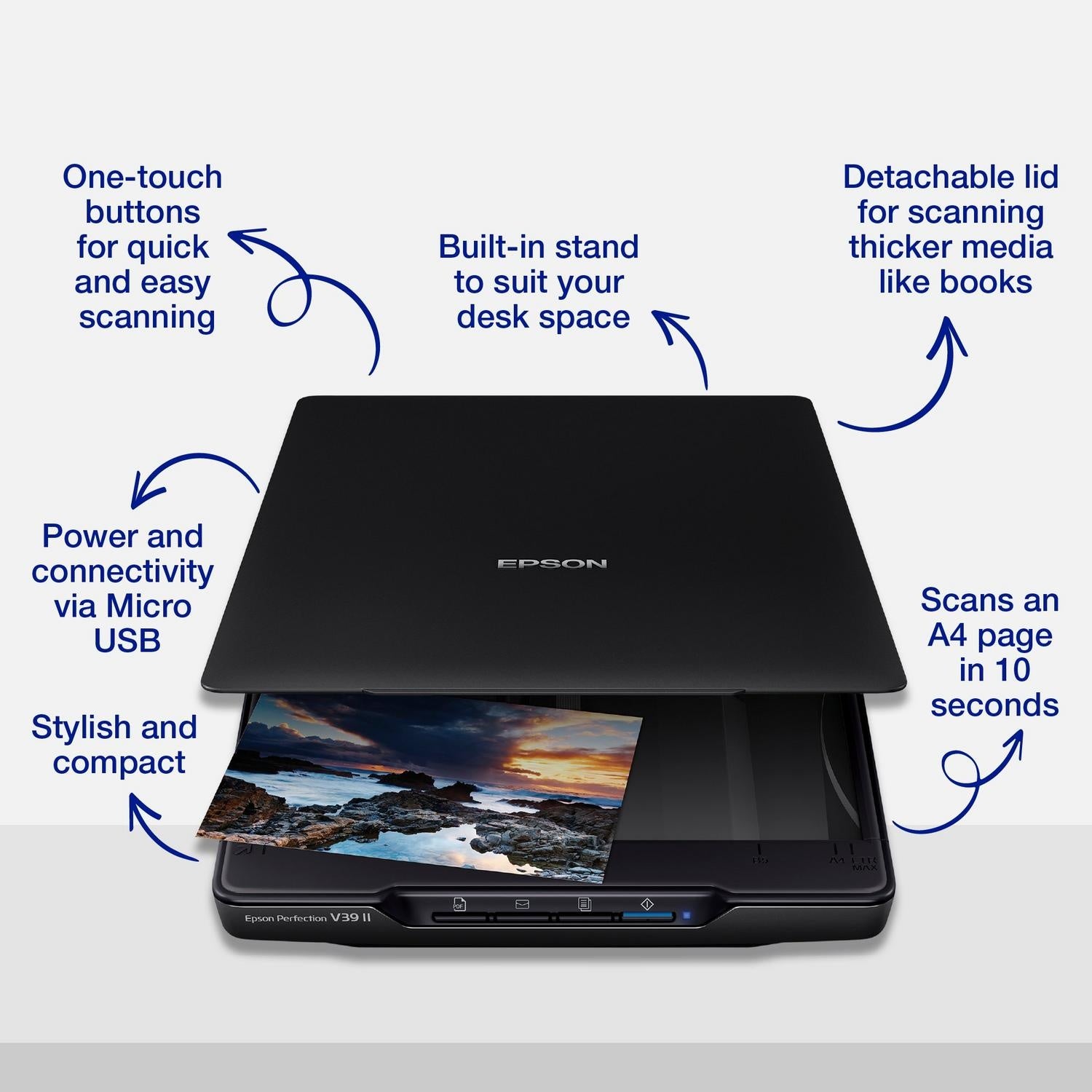 Epson Perfection V39II Photo and document scanner with built-in stand for efficient scanning at home or office.