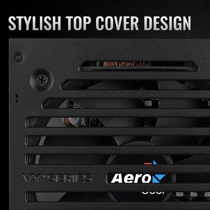 Close-up of a black power supply unit with 'Aero' branding and text about a stylish top cover design.