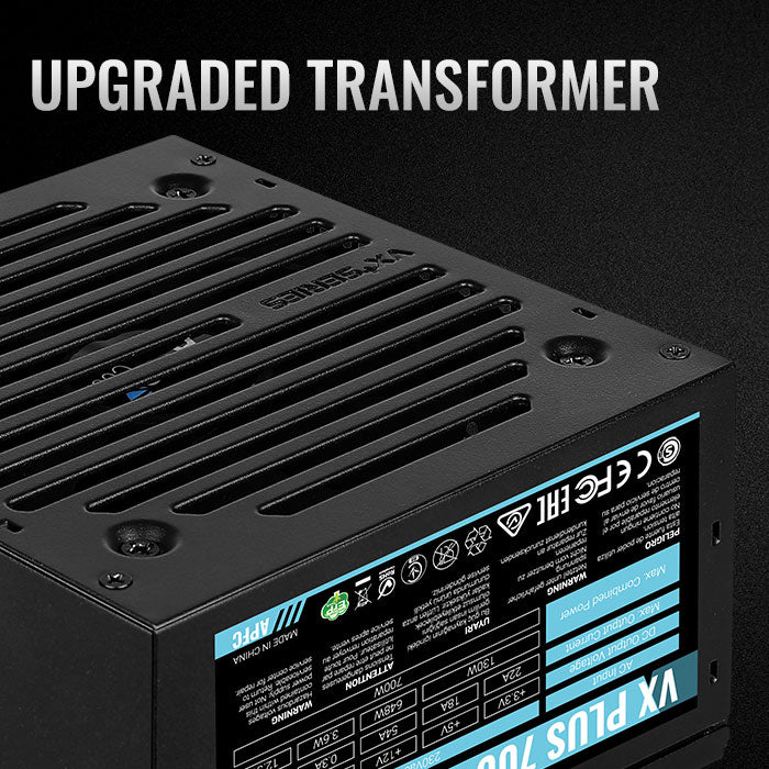 Black power supply unit with labeled text on a black background