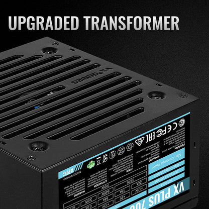 Black power supply unit with labeled text on a black background