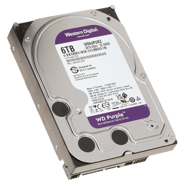 WD Purple 6TB WD64PURZ surveillance hard drive – labelled angled view