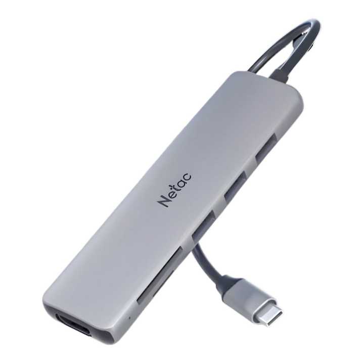 Netac WF14 Type-C Hub with USB 3.0 x3, HDMI, SD/microSD 2.0 – 5-in-1 Adapter, Gray (NT08WF14-30GR) with USB-C cable