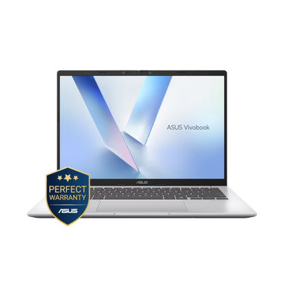 Laptop with ASUS VivoBook branding and a 'Perfect Warranty' badge on a white background