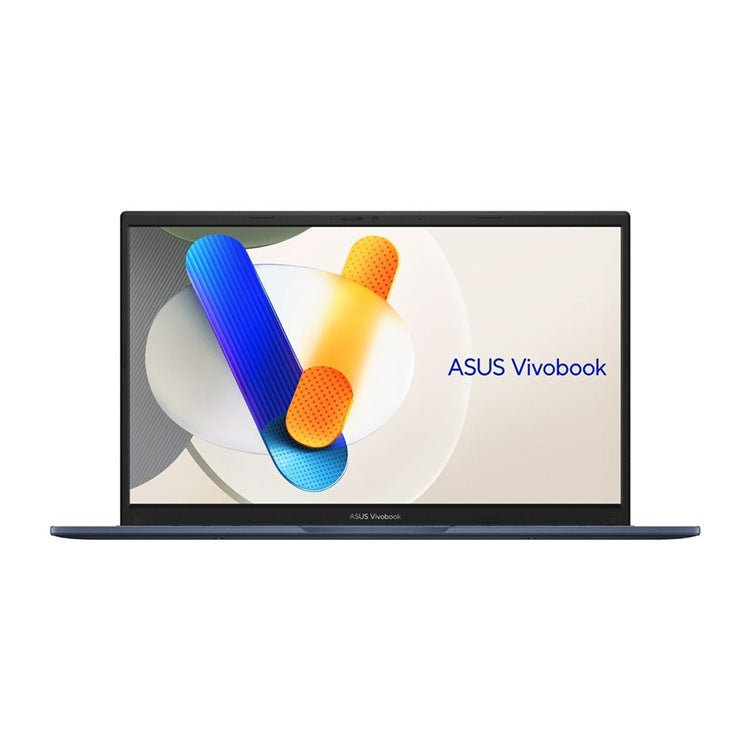 ASUS Vivobook laptop shown open against a plain white background, with the screen on and displaying the ASUS Vivobook branding and a colorful abstract graphic.