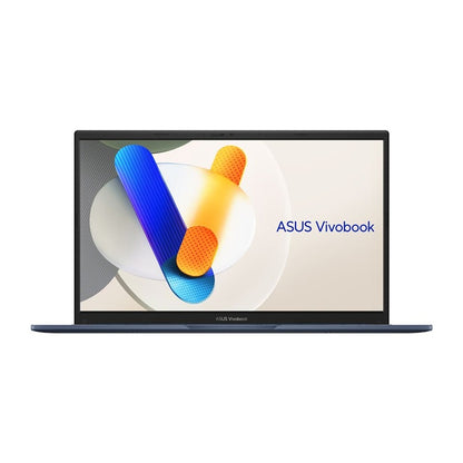 ASUS Vivobook laptop shown open against a plain white background, with the screen on and displaying the ASUS Vivobook branding and a colorful abstract graphic.