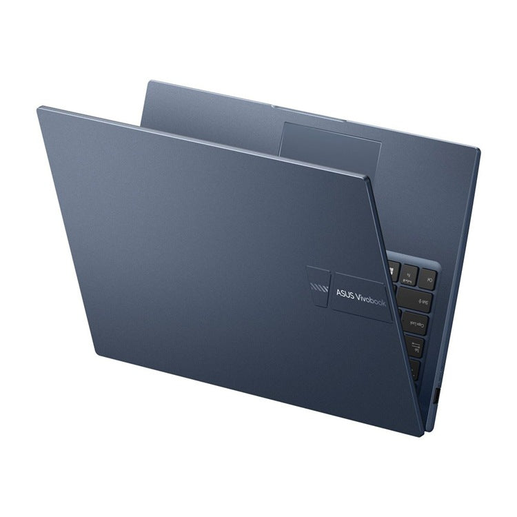 A dark slate blue ASUS Vivobook laptop shown open at an angle against a plain white background, displaying its inner lid, keyboard, and hinge area.