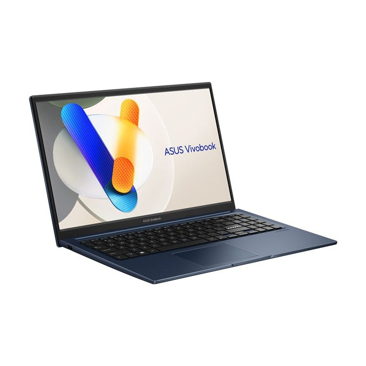 An open ASUS Vivobook laptop in a dark navy blue color, shown at a three-quarter angle on a plain white background. The screen displays the ASUS Vivobook logo and colorful abstract graphics.