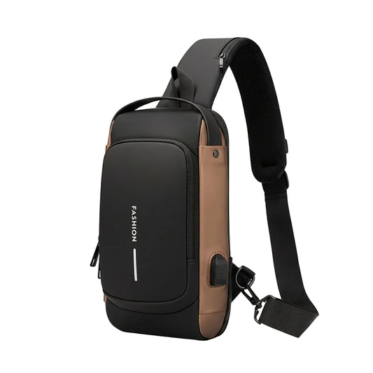 Front view of the brown M-Link leather cross body bag.

