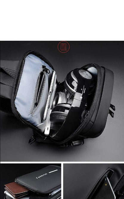 The interior showing the waterproof Oxford fabric lining and pockets.

