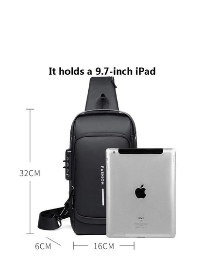 The bag worn across the chest in a hands-free position.


