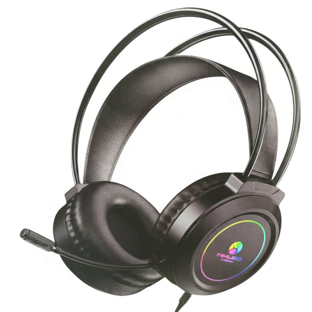 Front view of the Mikuso XP-628 USB gaming headphones on a desk.

