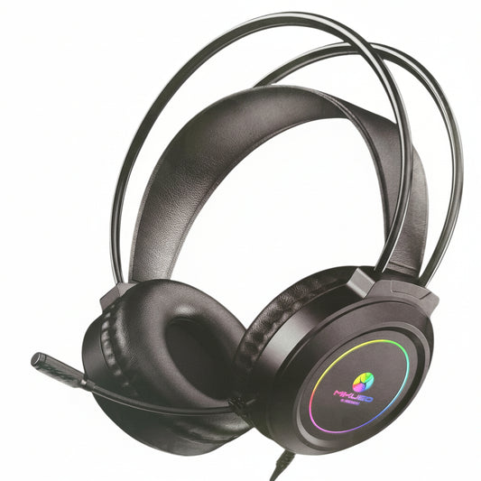 Front view of the Mikuso XP-628 USB gaming headphones on a desk.

