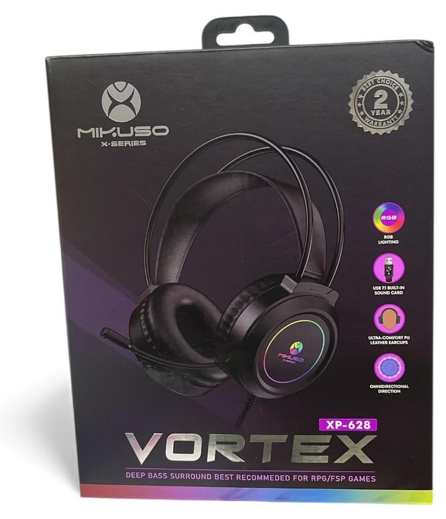 Side profile showing the metal frame and adjustable headband of the XP-628 headset.

