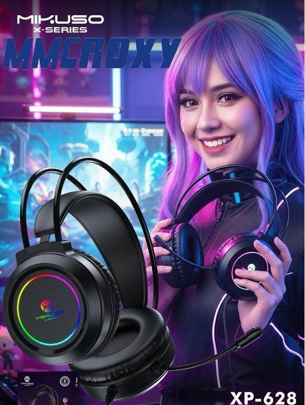 The Mikuso XP-628 headphones shown from a three-quarter angle with RGB illuminated.


