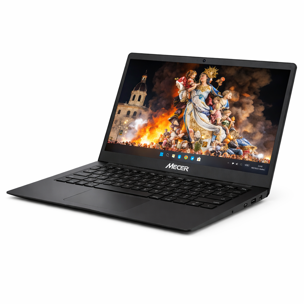Black laptop with a colorful display on a white background