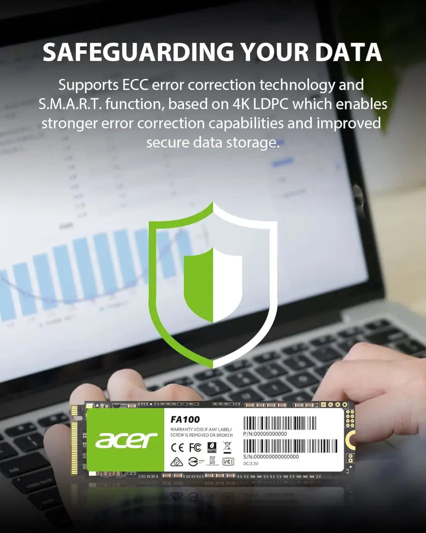 Acer solid-state drive held in front of a laptop screen with text about data safeguarding.