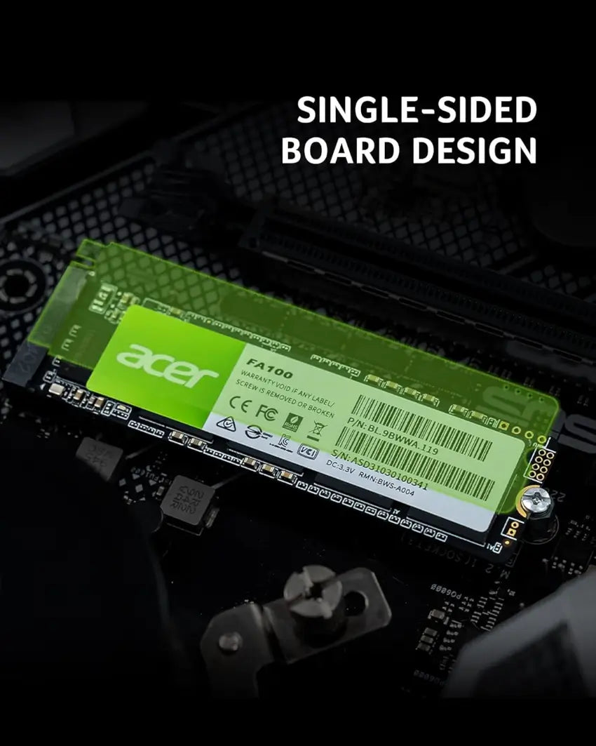 Acer solid-state drive on a black background with text 'Single-Sided Board Design'.