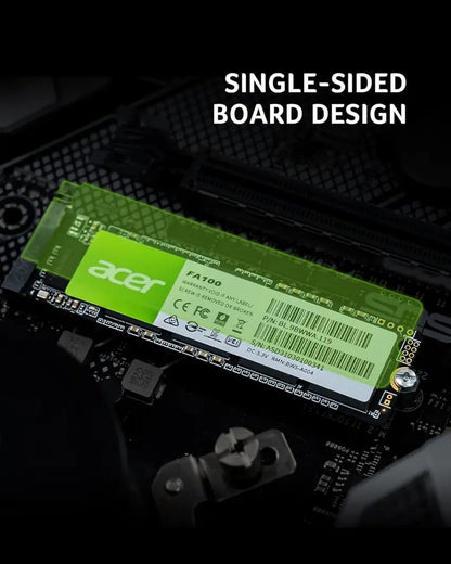 Acer solid-state drive on a black background with text 'Single-Sided Board Design'.