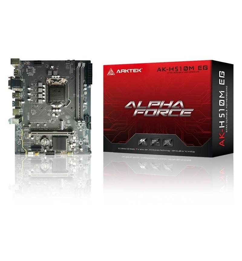ARKTEK H510 motherboard features Arktek Intel H510 Chipset, LGA1200 socket, Dual Channel DDR4, and Micro-ATX design.