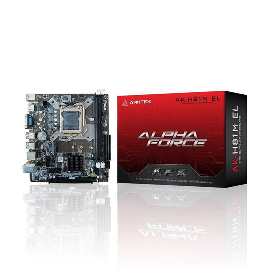 ARKTEK H81 Motherboard with LGA 1150 socket, DDR3 support, Micro-ATX, USB 3.0, and SATA ports for versatile builds.