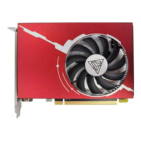A red graphics card with a silver and black dual-fan cooling system, featuring a white geometric logo on the fan hub and a gold PCI-E connector at the bottom.