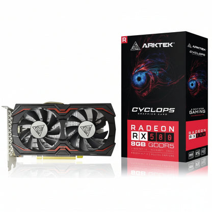 Graphics card and its packaging with Arktek branding on a white background