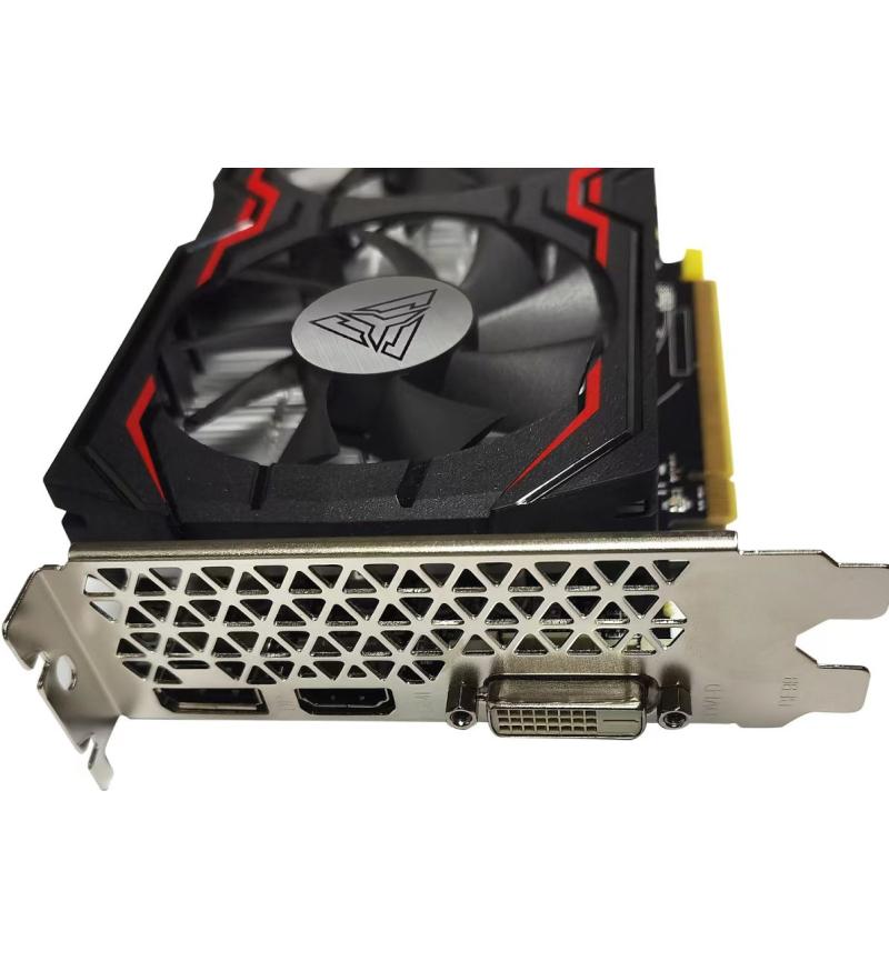 Computer graphics card with fan and connectors on a white background