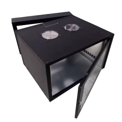 RCT 12U AP Pre-coated black wall mount cabinet 2x uprights 2x glands + Screws; 450mm GLASS DOOR.