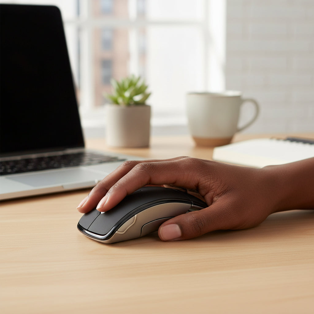Hand using a computer mouse on a desk with a laptop and cup in the background