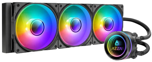 AZZA GALEFORCE 360 ARGB – 360 mm Liquid CPU Cooler with Infinity Mirror features vibrant RGB lighting and sleek design.