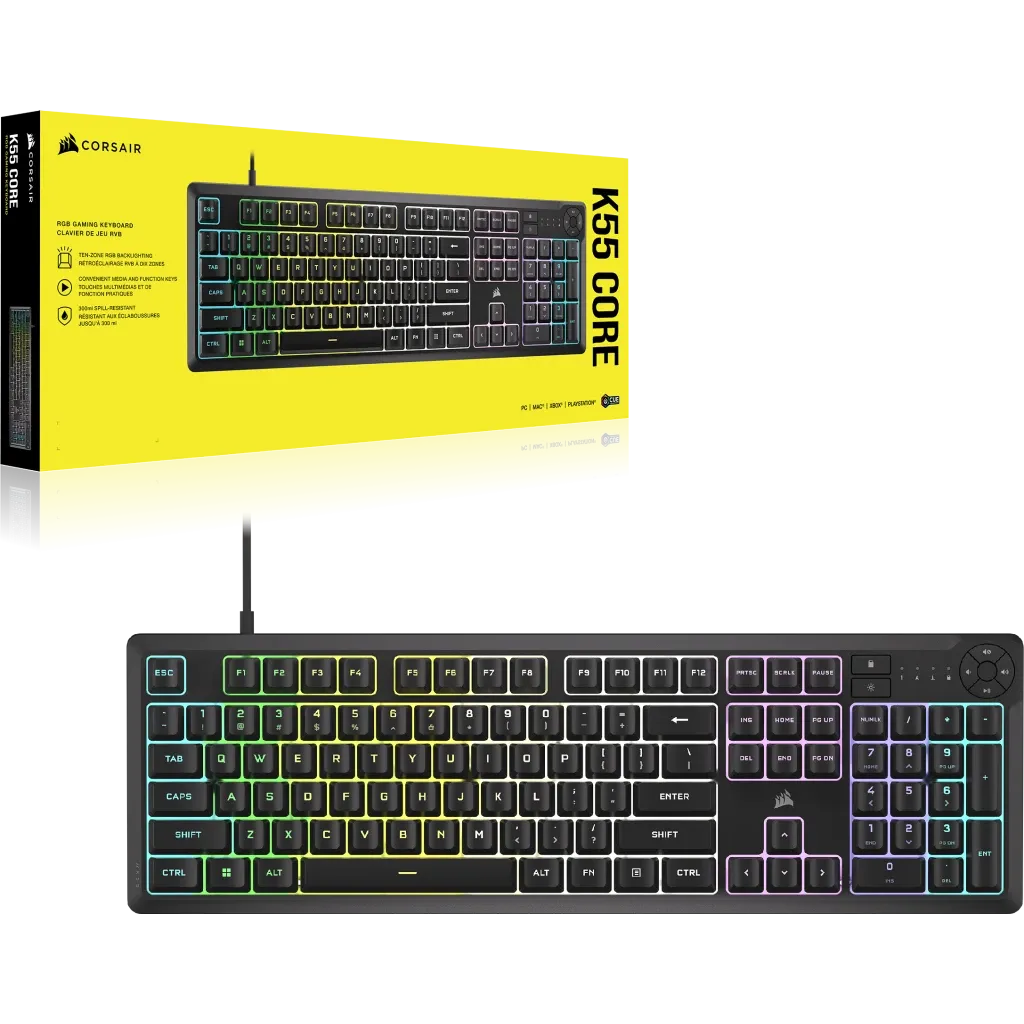 Corsair K55 Core Gaming Keyboard; Backlit Zoned RGB LED; Rubberdome