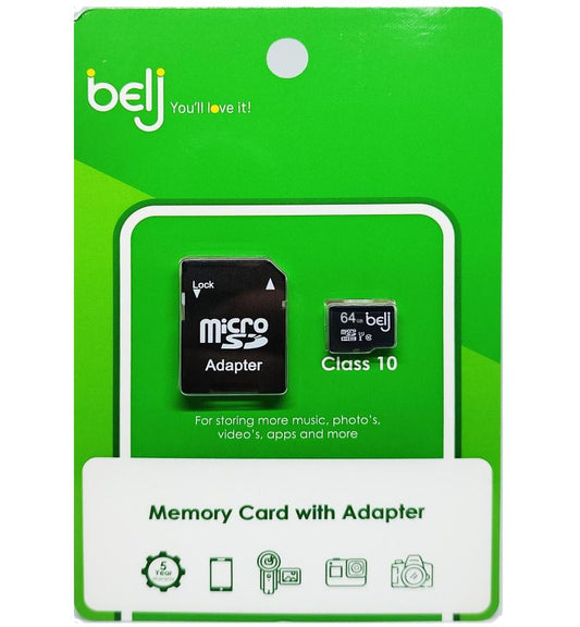 BELJ 64GB Class 10 SD Card with Adapter – High-Speed Storage for Cameras, perfect for 4K devices and universal compatibility.