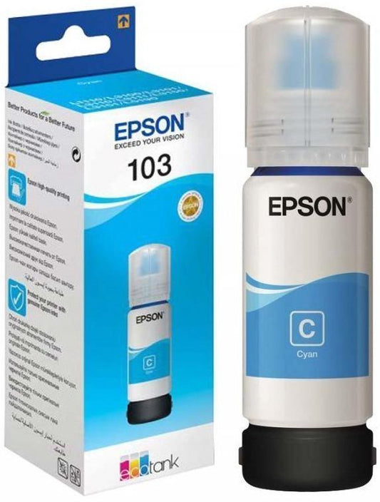 Epson 103 Ecotank Cyan ink bottle. 7500 pages @ 5% coverage.