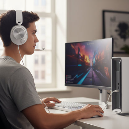 White gaming headset with Corsair logo on a white background