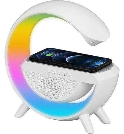 MicroWorld 3-in-1 LED Light, FM Radio & Wireless Charger offers mood lighting and stereo sound for any space.