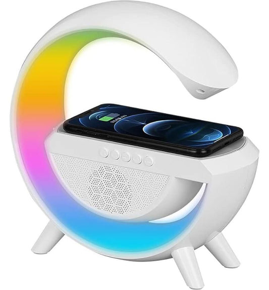 MicroWorld 3-in-1 LED Light, FM Radio & Wireless Charger offers mood lighting and stereo sound for any space.