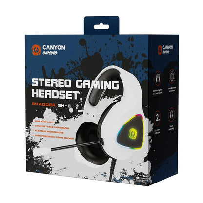 Canyon Shadder GH‑6 Wired Gaming Headset – 50 mm Drivers, RGB Lighting, 2 m Cable (White) on white Canyon Gaming packaging.