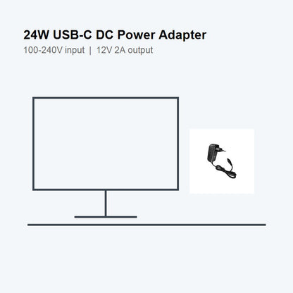 24W USB-C DC power adapter with 100–240V input and 12V 2A output