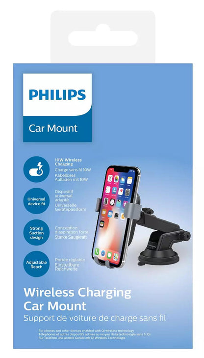 Philips Car Mount with 10W Qi Wireless Charging – Secure Dashboard for hassle-free charging and phone stability in your car.