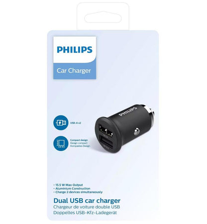 Philips Dual USB Car Charger – Fast charging for two devices simultaneously, perfect for on-the-go smartphone users.