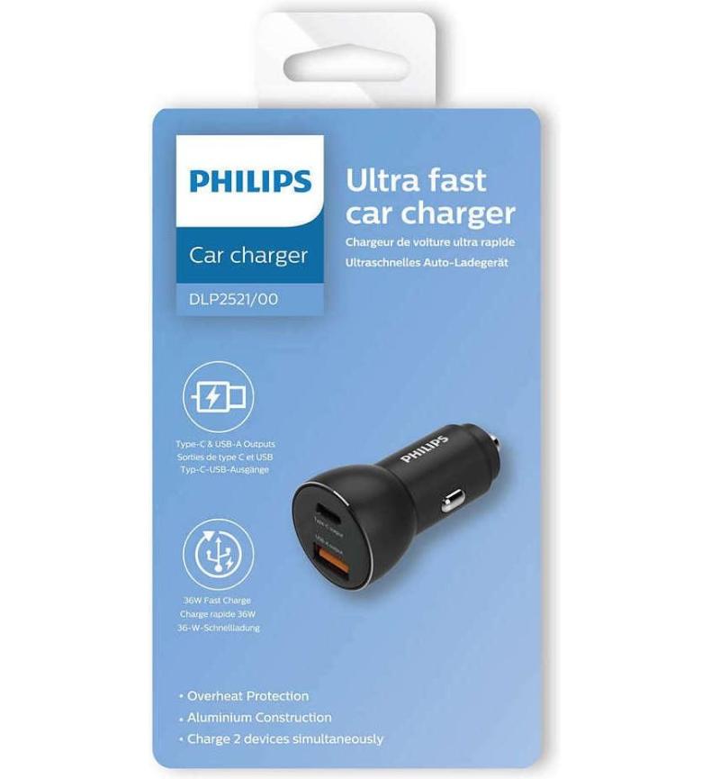 Philips Dual Port Car Charger – 1A offers fast charging with USB-A and USB-C ports for convenient in-car power.