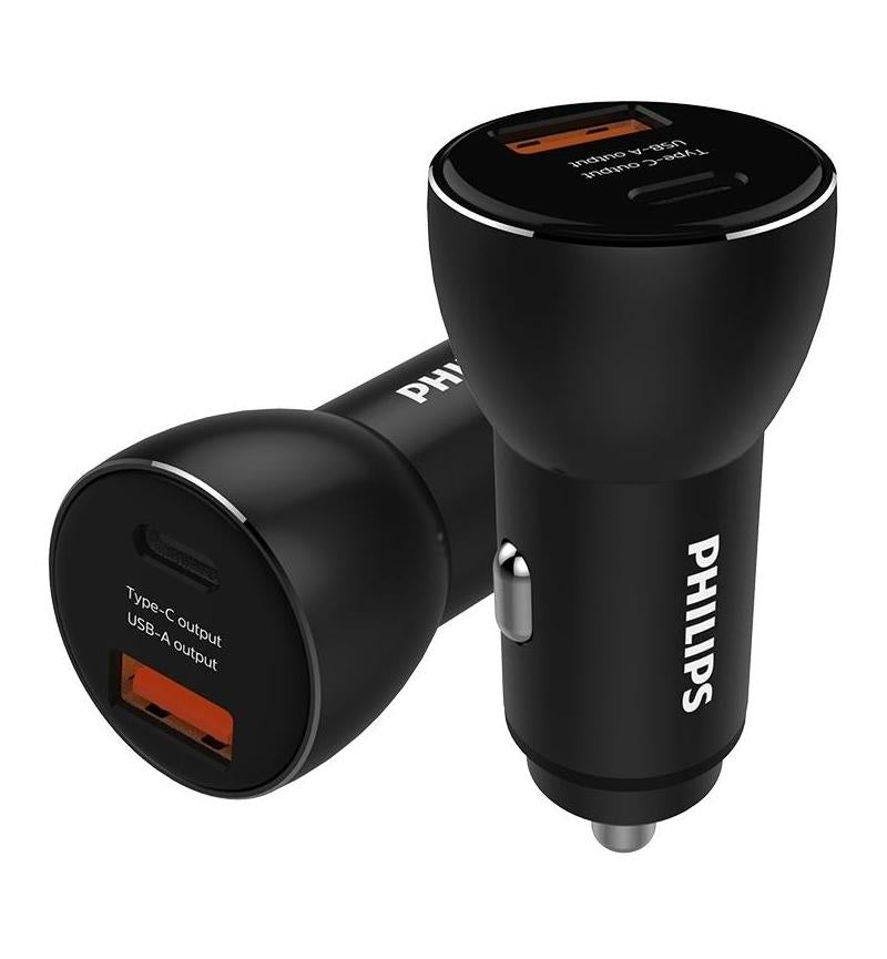 Compact Philips Dual Port Car Charger – 1A with USB-A and USB-C ports for fast, safe in-car device charging.