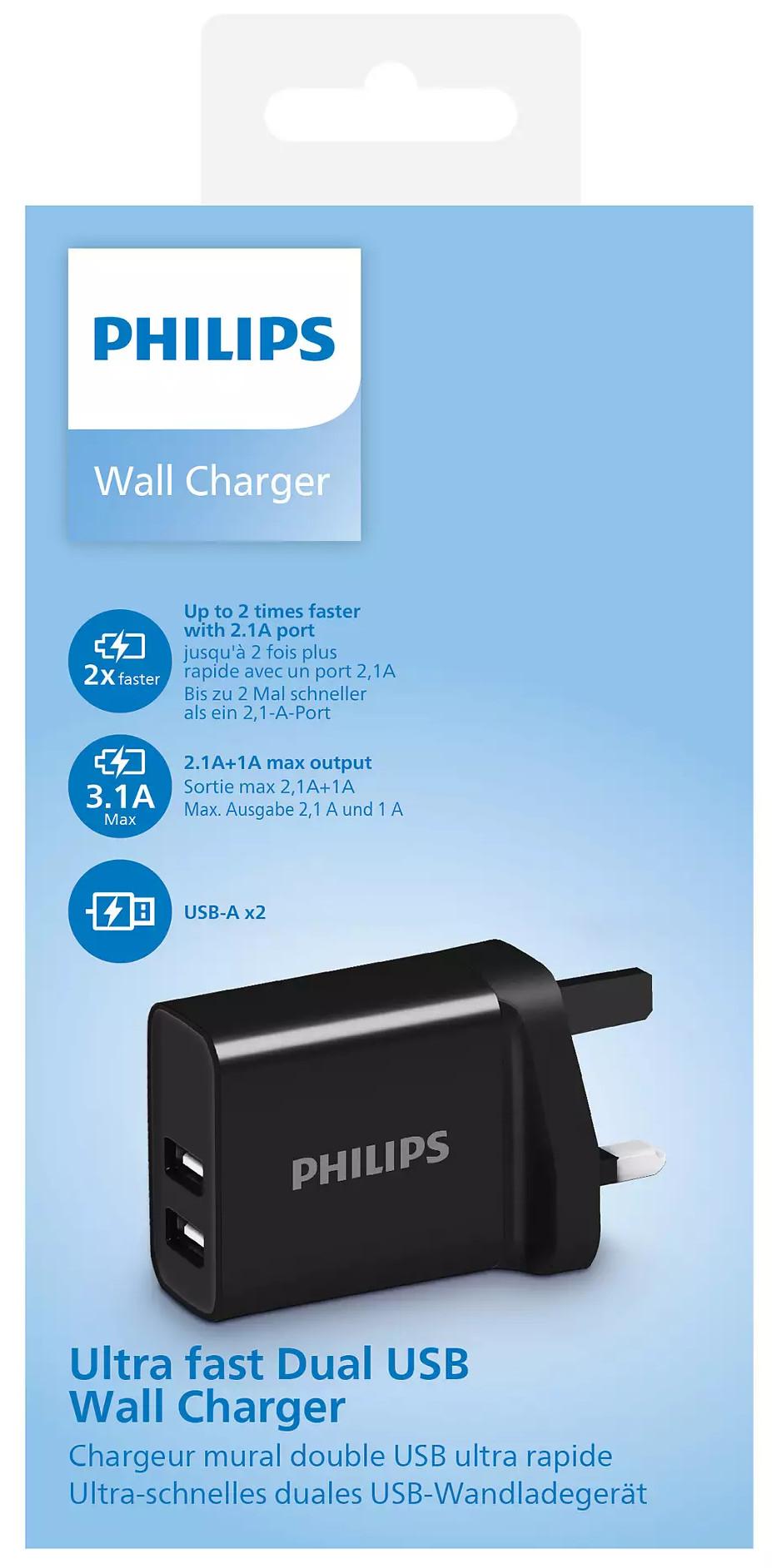 Philips Dual USB Wall Charger DLP2610/05 | 2-Port 17 W USB, SA Plug Converter Included, compact black dual‑port charger